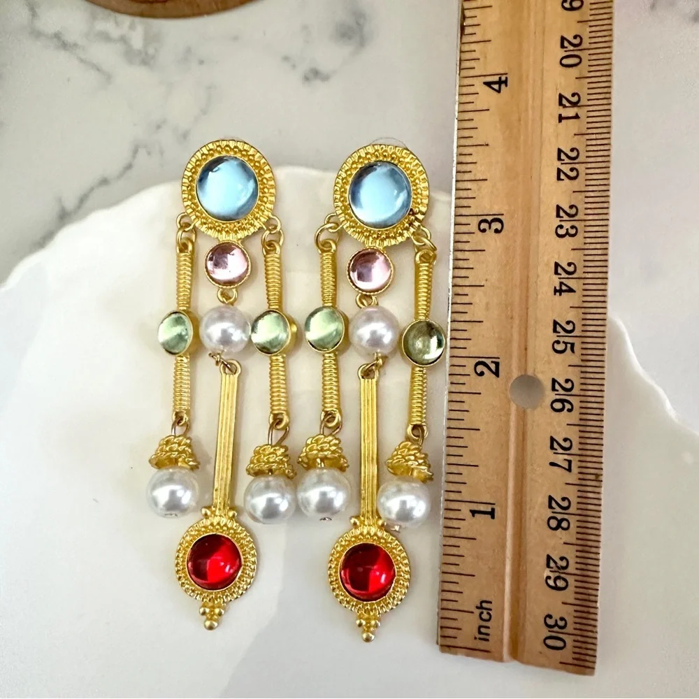 Victorian Gold Tone Colorful Rhinestone Earrings Baroque French Vibe Royalty NEW